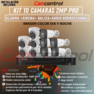 KIT 10 CAMARAS 2MP PRO ALARMA+SIRENA+BALIZA+AUDIO BIDIRECCIONAL