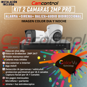 KIT 2 CAMARAS 2MP PRO ALARMA+SIRENA+BALIZA+AUDIO BIDIRECCIONAL