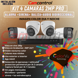 KIT 4 CAMARAS 2MP PRO ALARMA+SIRENA+BALIZA+AUDIO BIDIRECCIONAL
