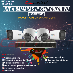 KIT 4 CAMARAS IP 6MP COLOR VU + MICROFONO