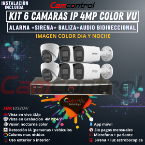 KIT 6 CAMARAS IP 4MP COLOR VU +ALARMA +SIRENA+ BALIZA+AUDIO BIDIRECCIONAL