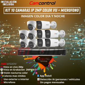 KIT 10 CAMARAS IP 2MP ColorVu + MIRCROFONO