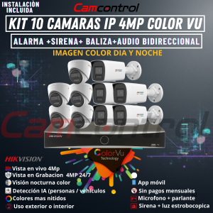 KIT 10 CAMARAS IP 4MP COLOR VU +ALARMA +SIRENA+ BALIZA+AUDIO BIDIRECCIONAL