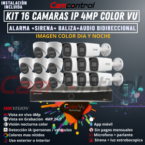 KIT 16 CAMARAS IP 4MP COLOR VU +ALARMA +SIRENA+ BALIZA+AUDIO BIDIRECCIONAL